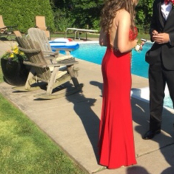 GLS Red With Gold Beads Long Prom Dress With Slit - Picture 5 of 14